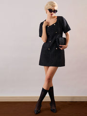 Women Black Tweed Round Neck Short Dress-SFDRSS13389