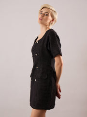 Women Black Tweed Round Neck Short Dress-SFDRSS13389