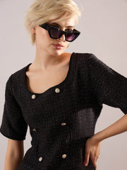 Women Black Tweed Round Neck Short Dress-SFDRSS13389