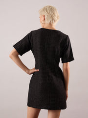 Women Black Tweed Round Neck Short Dress-SFDRSS13389
