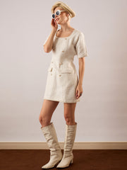Women White Tweed Round Neck Short Dress-SFDRSS13390