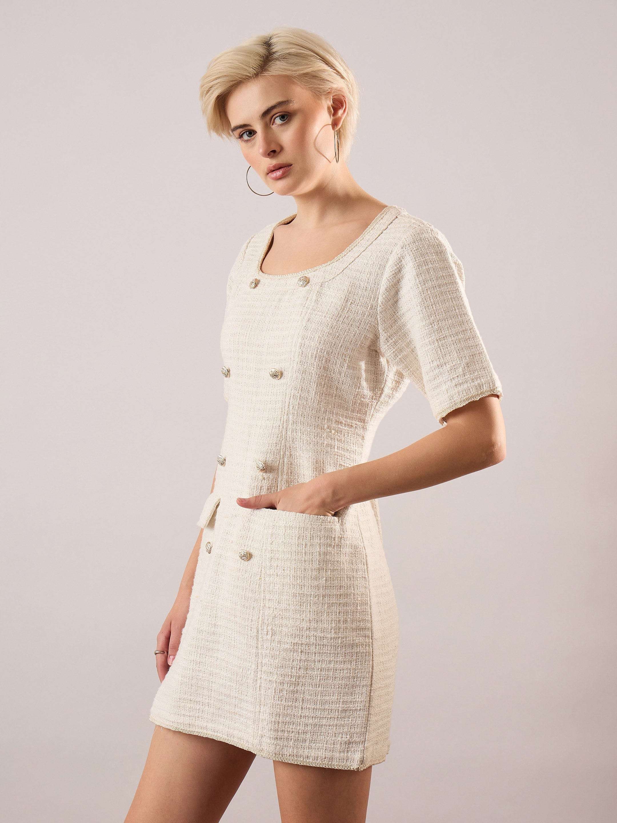 Women White Tweed Round Neck Short Dress-SFDRSS13390