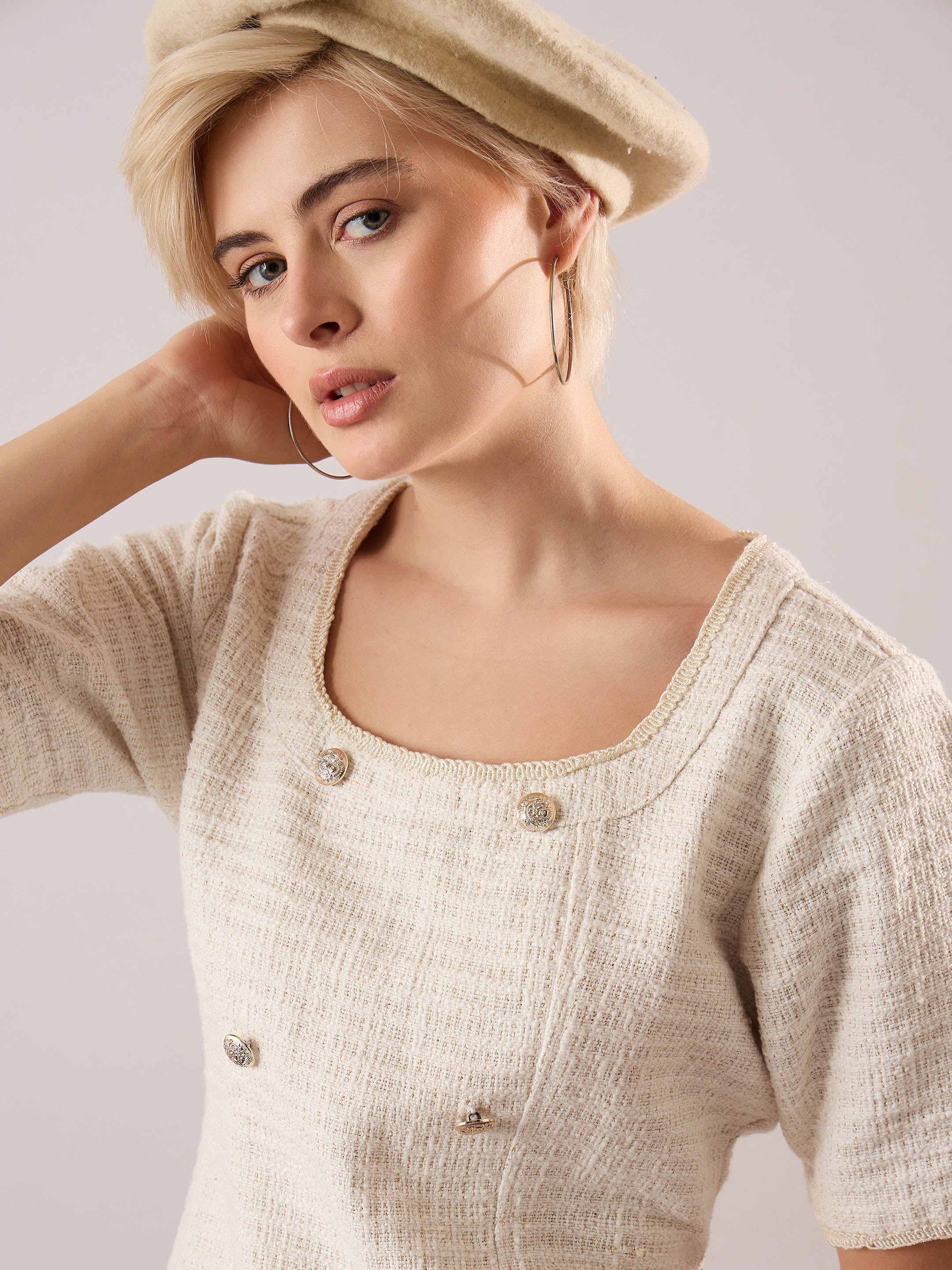 Women White Tweed Round Neck Short Dress-SFDRSS13390