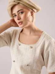 Women White Tweed Round Neck Short Dress-SFDRSS13390