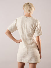 Women White Tweed Round Neck Short Dress-SFDRSS13390