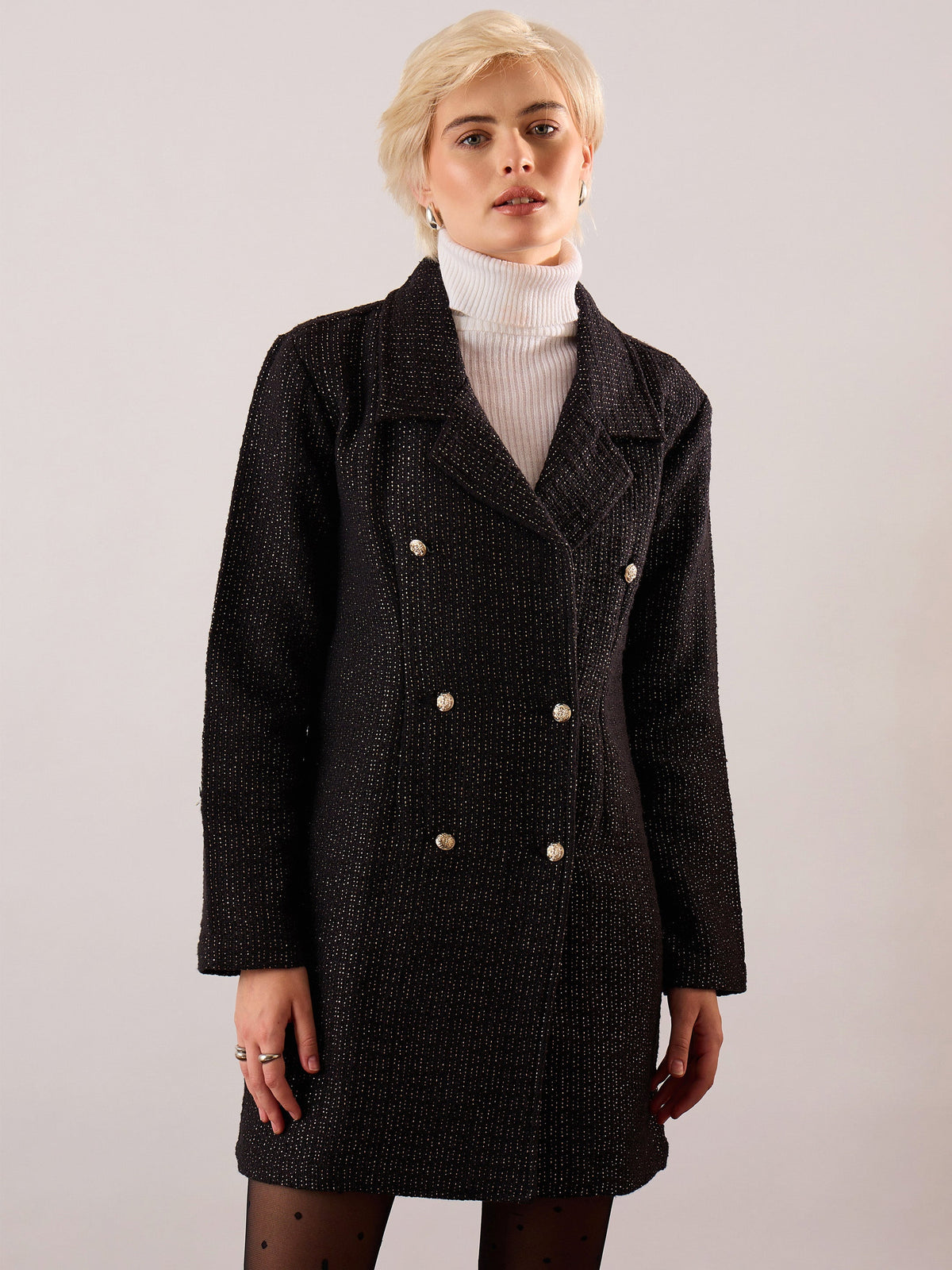 Women Black Tweed Full Sleeve Blazer Dress-SFDRSS13391