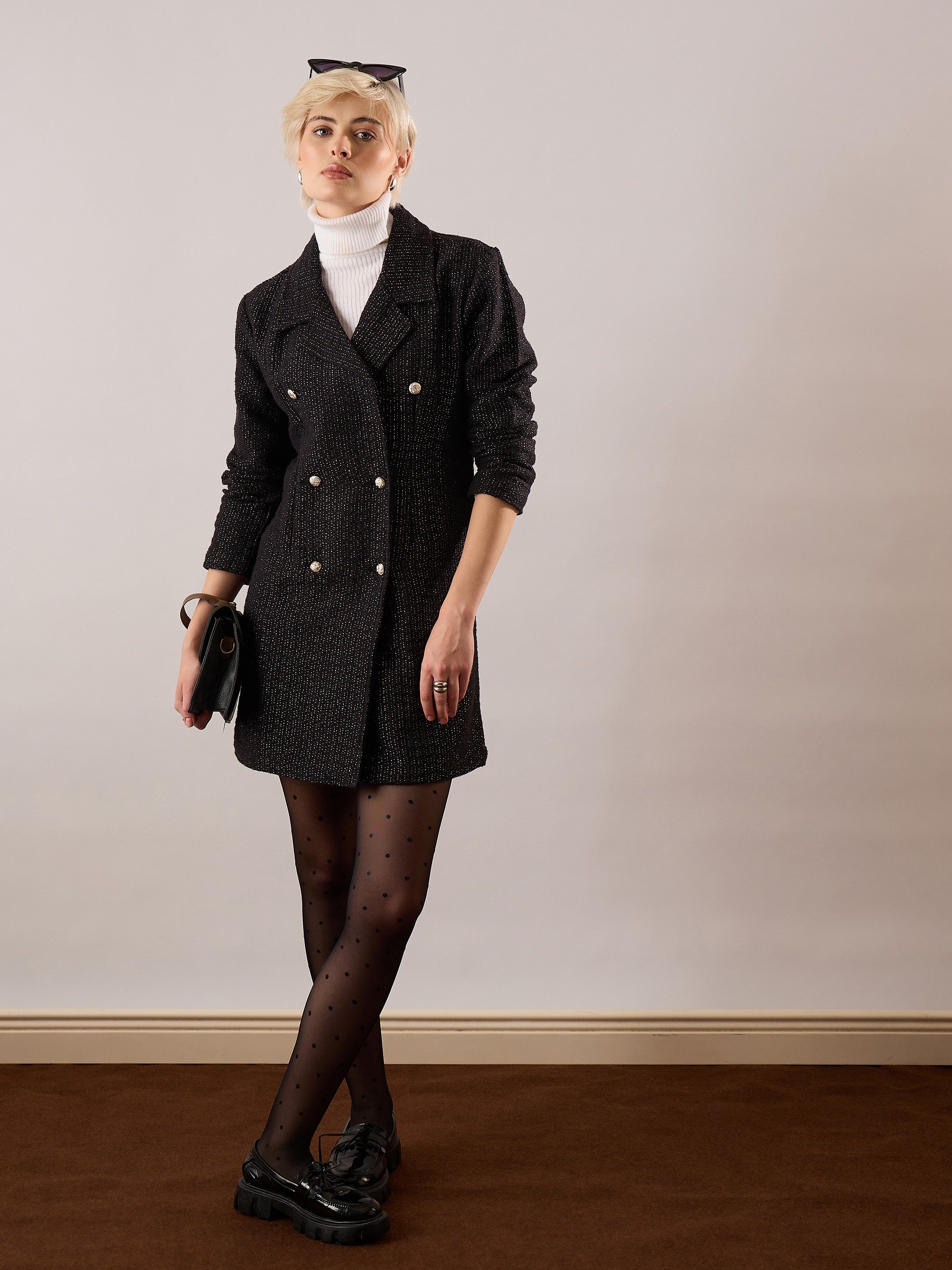Women Black Tweed Full Sleeve Blazer Dress-SFDRSS13391