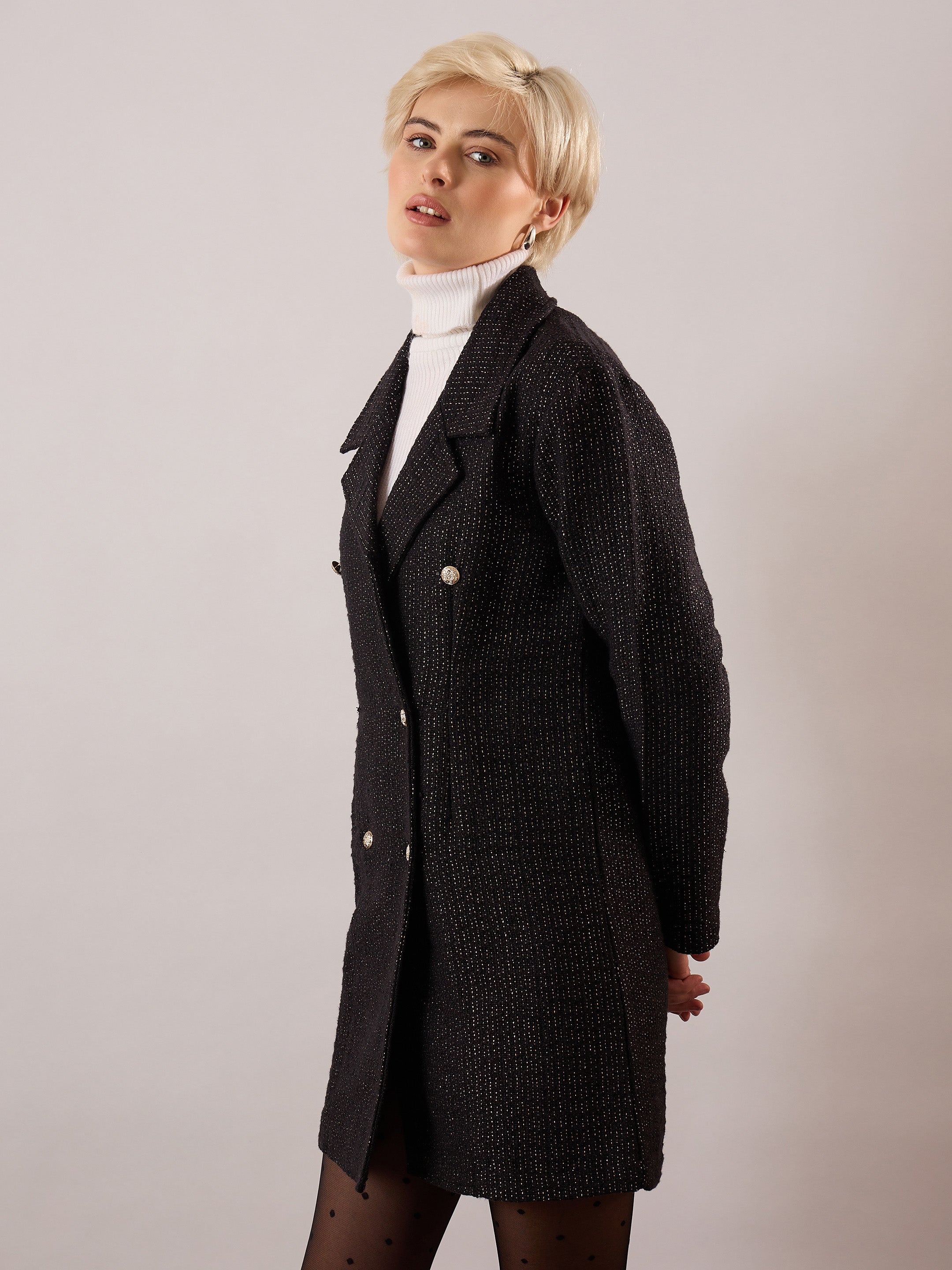 Women Black Tweed Full Sleeve Blazer Dress-SFDRSS13391