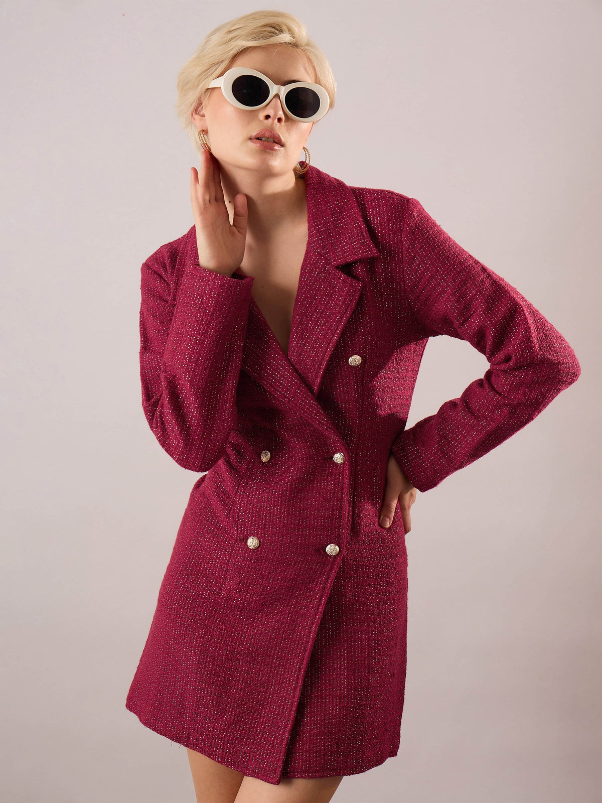 Women Maroon Tweed Full Sleeve Blazer Dress-SFDRSS13393