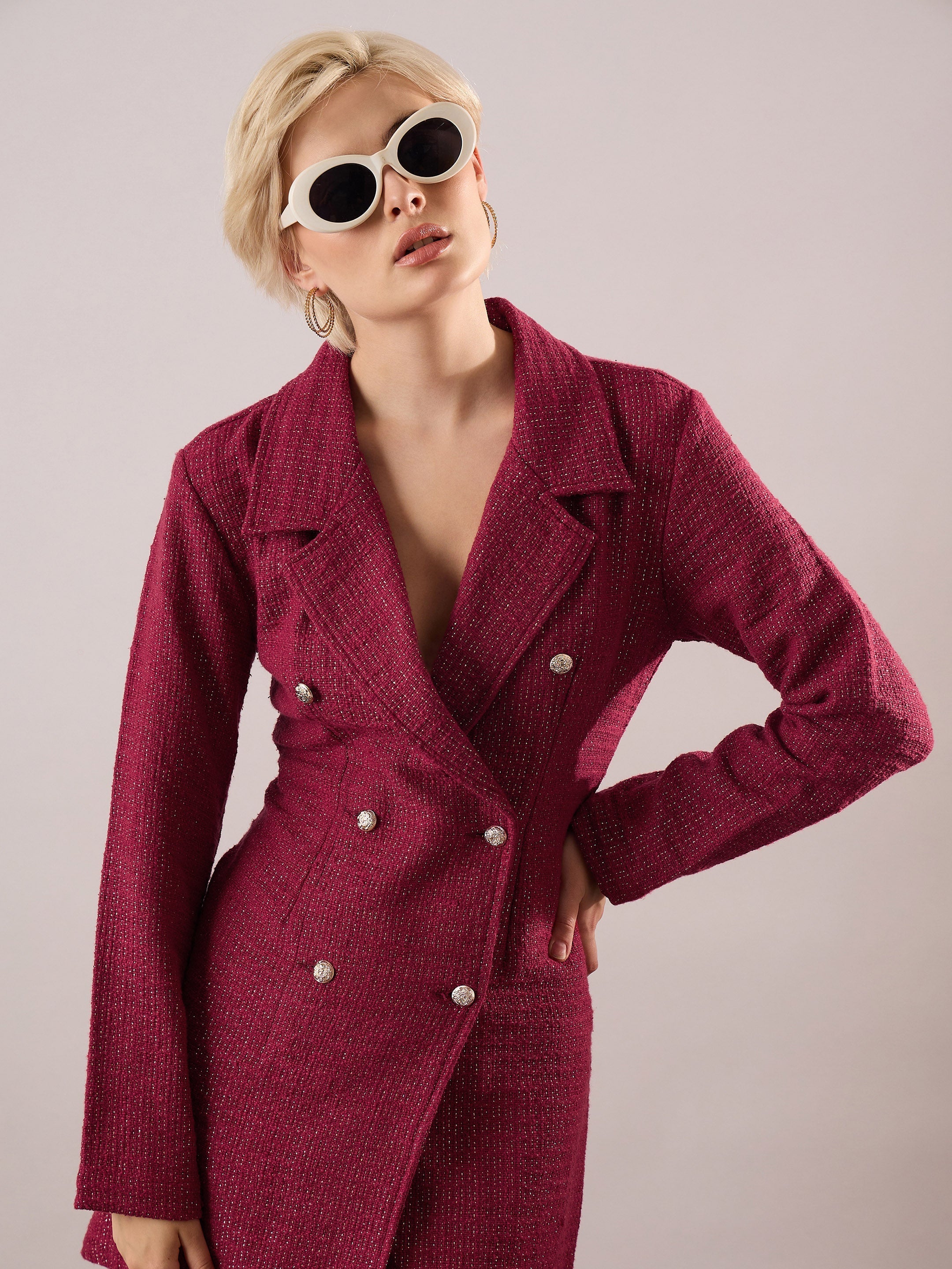 Women Maroon Tweed Full Sleeve Blazer Dress-SFDRSS13393