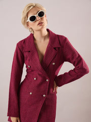 Women Maroon Tweed Full Sleeve Blazer Dress-SFDRSS13393