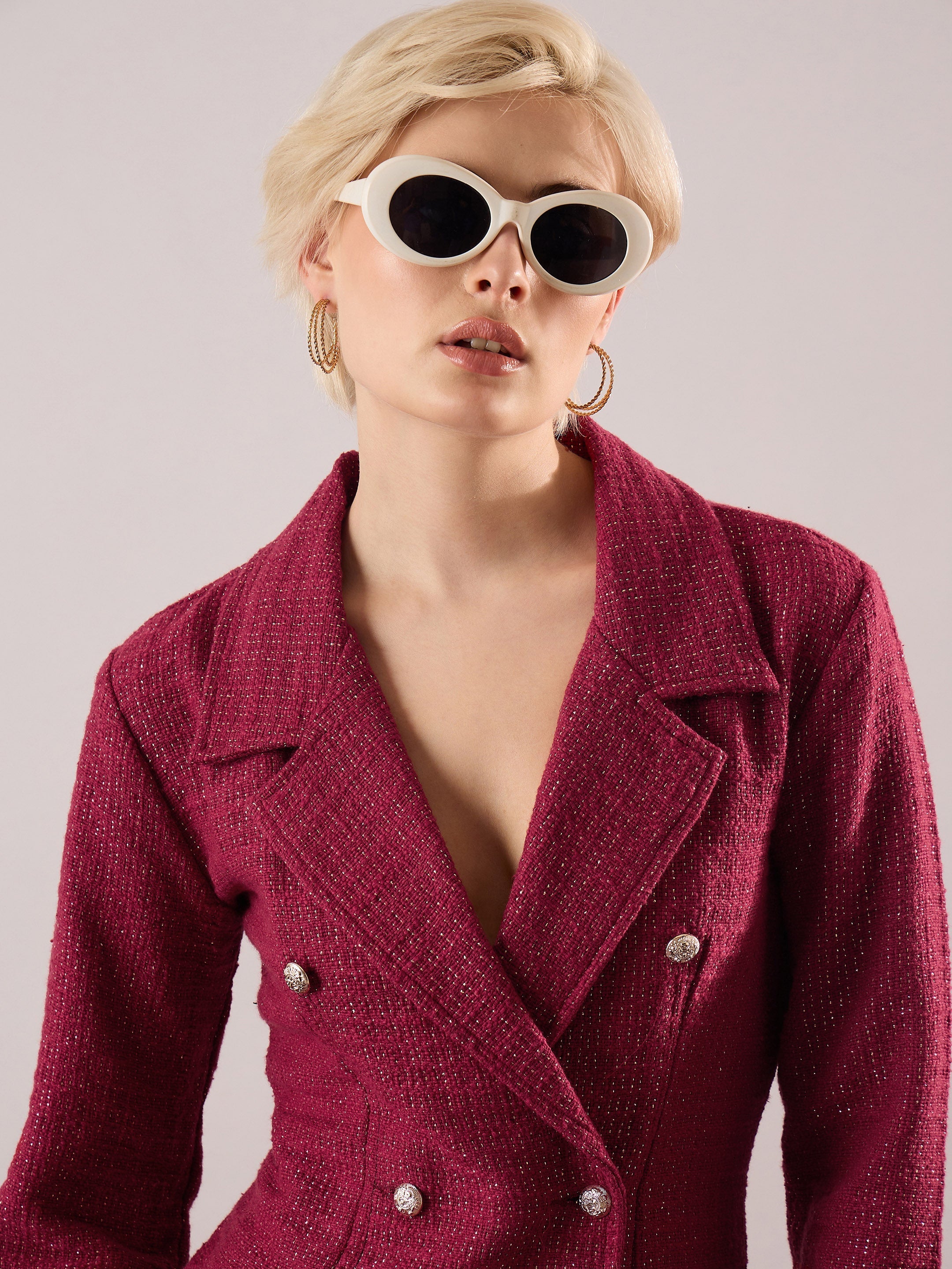 Women Maroon Tweed Full Sleeve Blazer Dress-SFDRSS13393