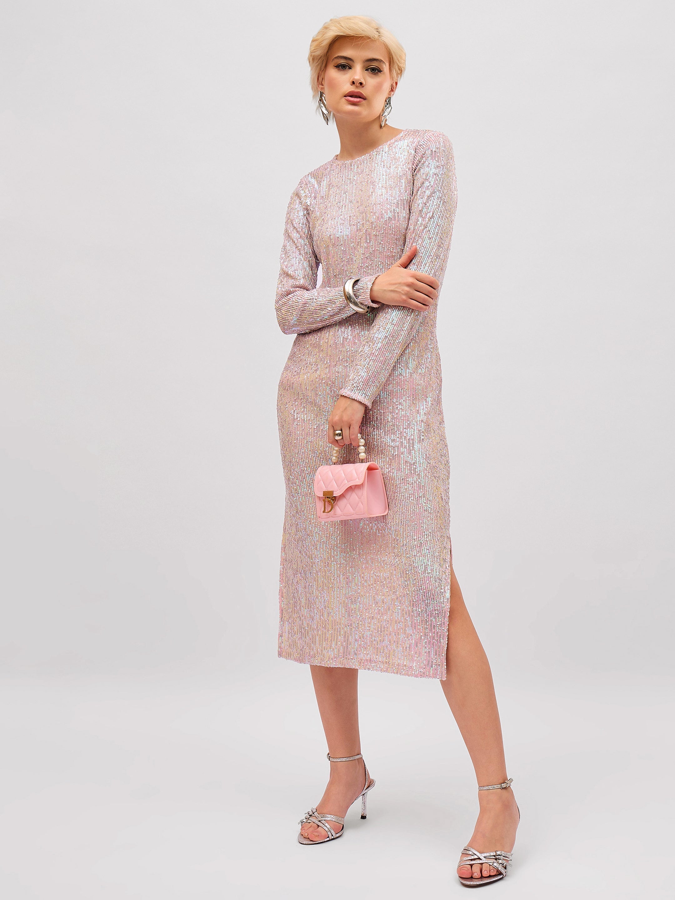 Women Pink Rainbow Sequin Round Neck Side Slit Midi Dress-SFDRSS13394