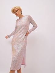 Women Pink Rainbow Sequin Round Neck Side Slit Midi Dress-SFDRSS13394