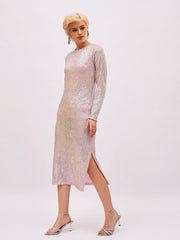 Women Pink Rainbow Sequin Round Neck Side Slit Midi Dress-SFDRSS13394