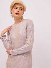 Women Pink Rainbow Sequin Round Neck Side Slit Midi Dress-SFDRSS13394