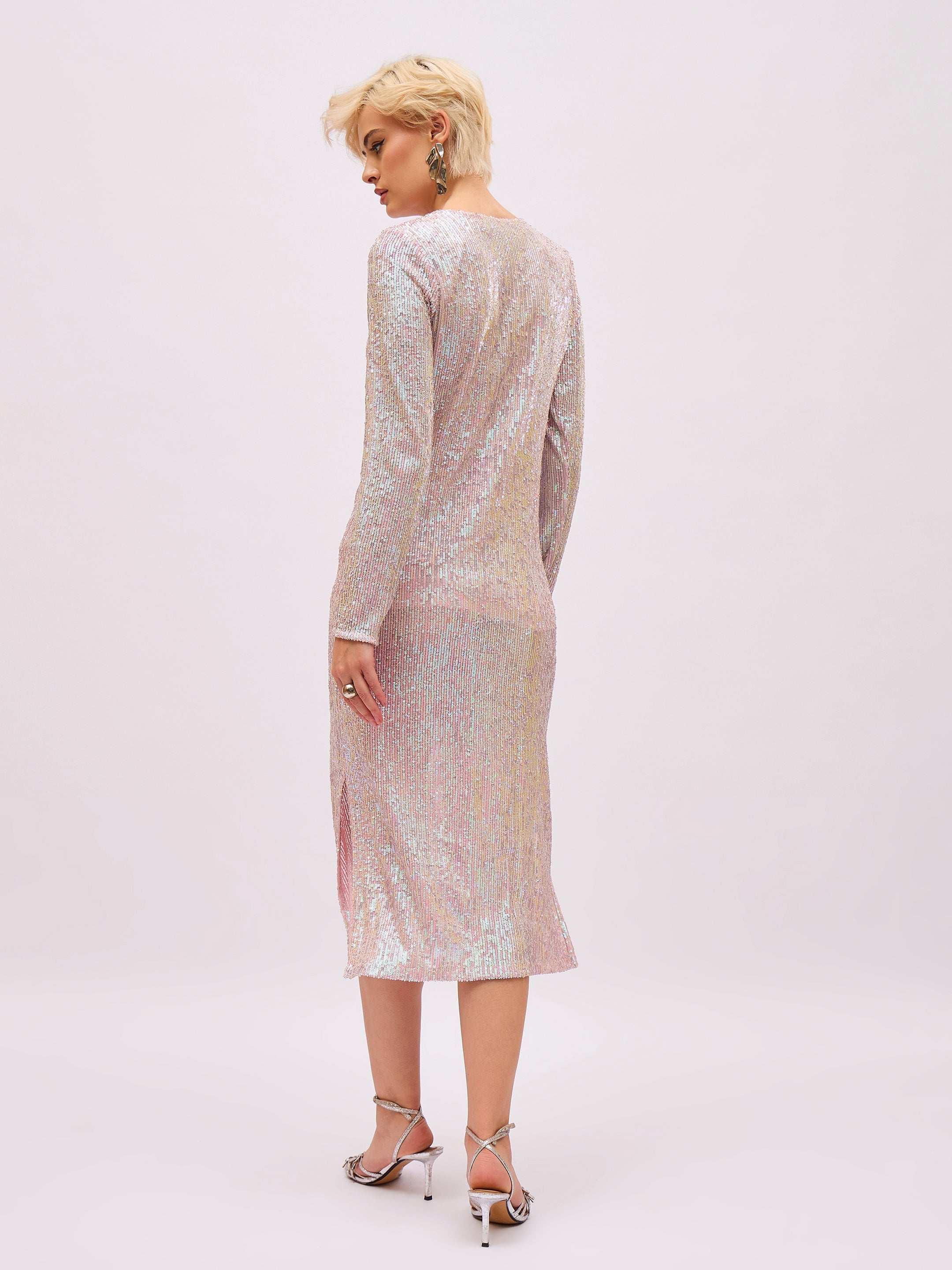 Women Pink Rainbow Sequin Round Neck Side Slit Midi Dress-SFDRSS13394