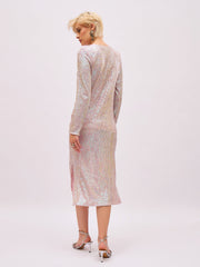 Women Pink Rainbow Sequin Round Neck Side Slit Midi Dress-SFDRSS13394