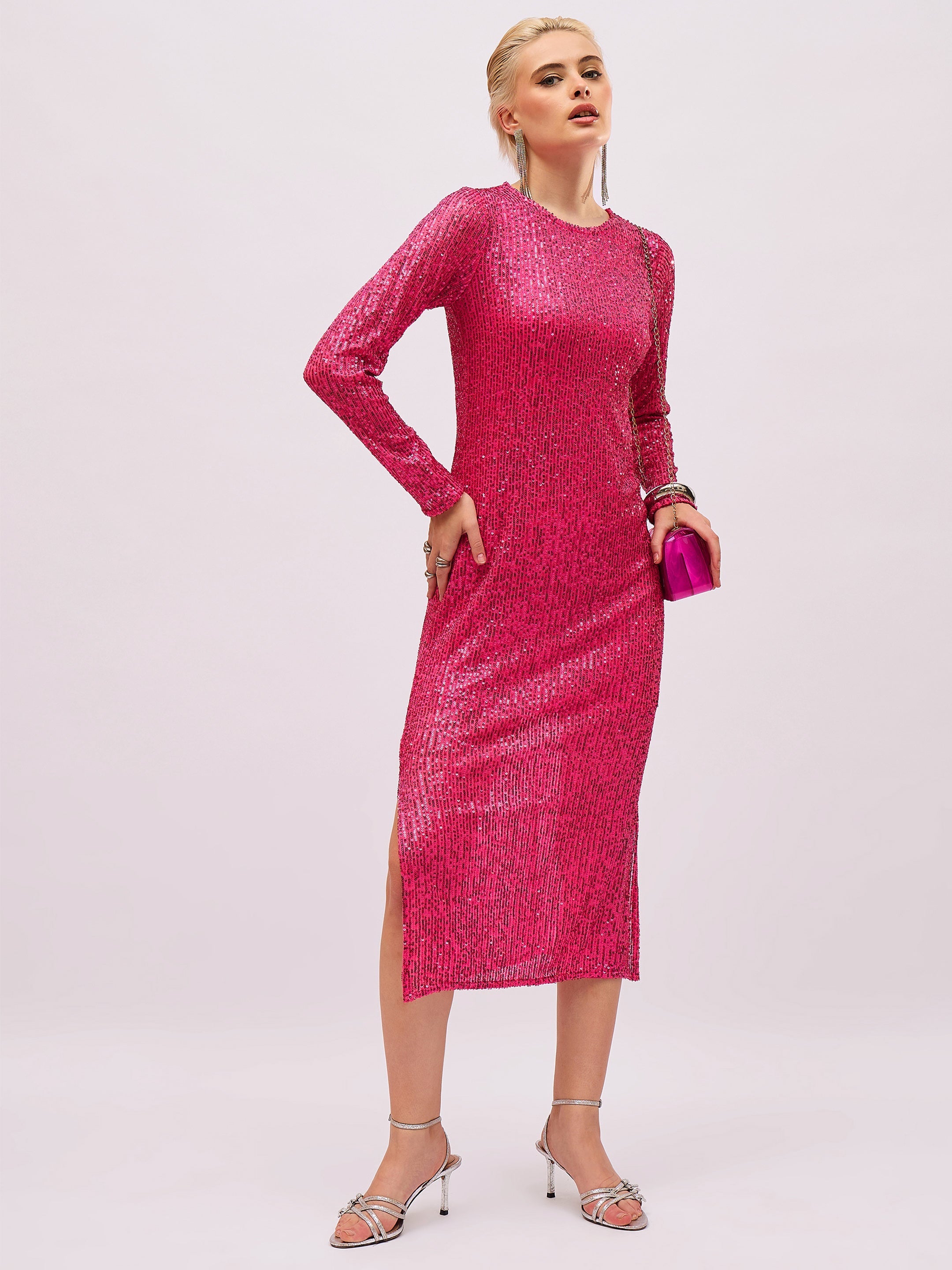 Women Fuchsia Sequin Round Neck Side Slit Midi Dress-SFDRSS13395