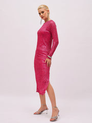Women Fuchsia Sequin Round Neck Side Slit Midi Dress-SFDRSS13395