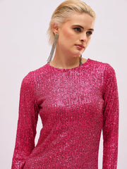 Women Fuchsia Sequin Round Neck Side Slit Midi Dress-SFDRSS13395