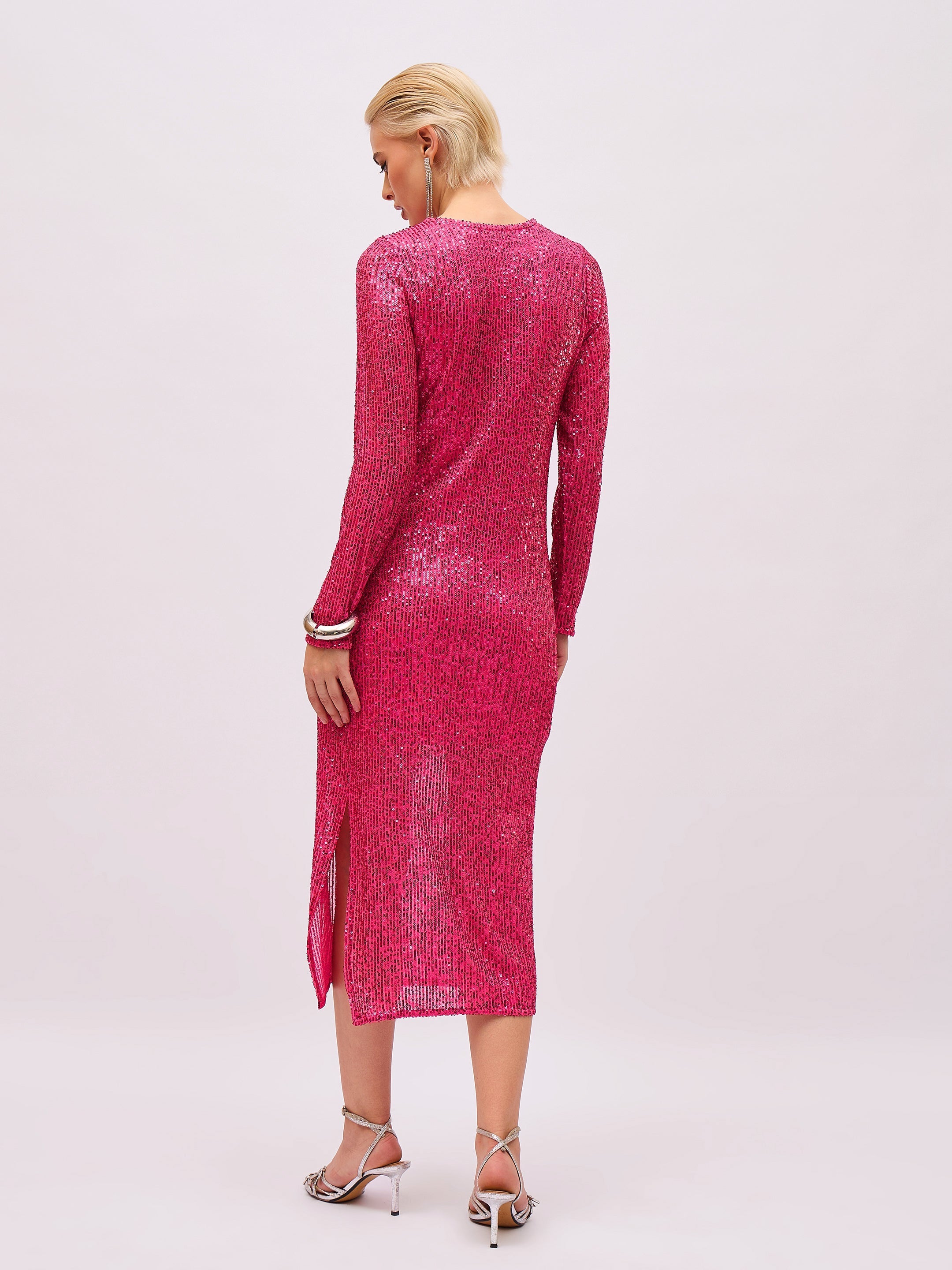 Women Fuchsia Sequin Round Neck Side Slit Midi Dress-SFDRSS13395