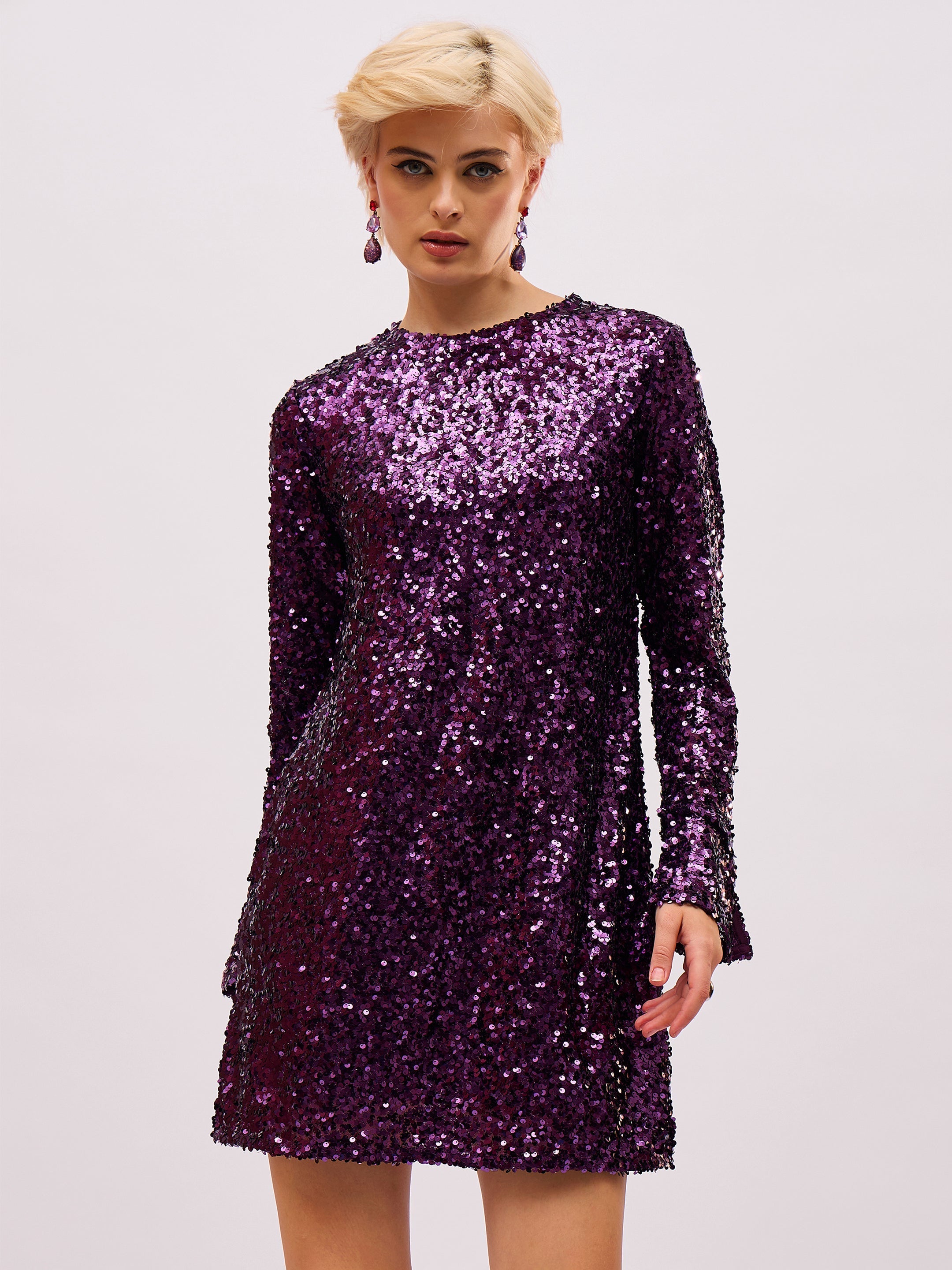 Women Purple Sequin Back Cut-Out Short Dress-SFDRSS13396
