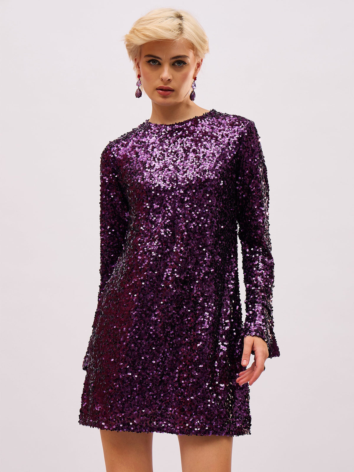 Women Purple Sequin Back Cut-Out Short Dress-SFDRSS13396