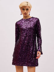 Women Purple Sequin Back Cut-Out Short Dress-SFDRSS13396