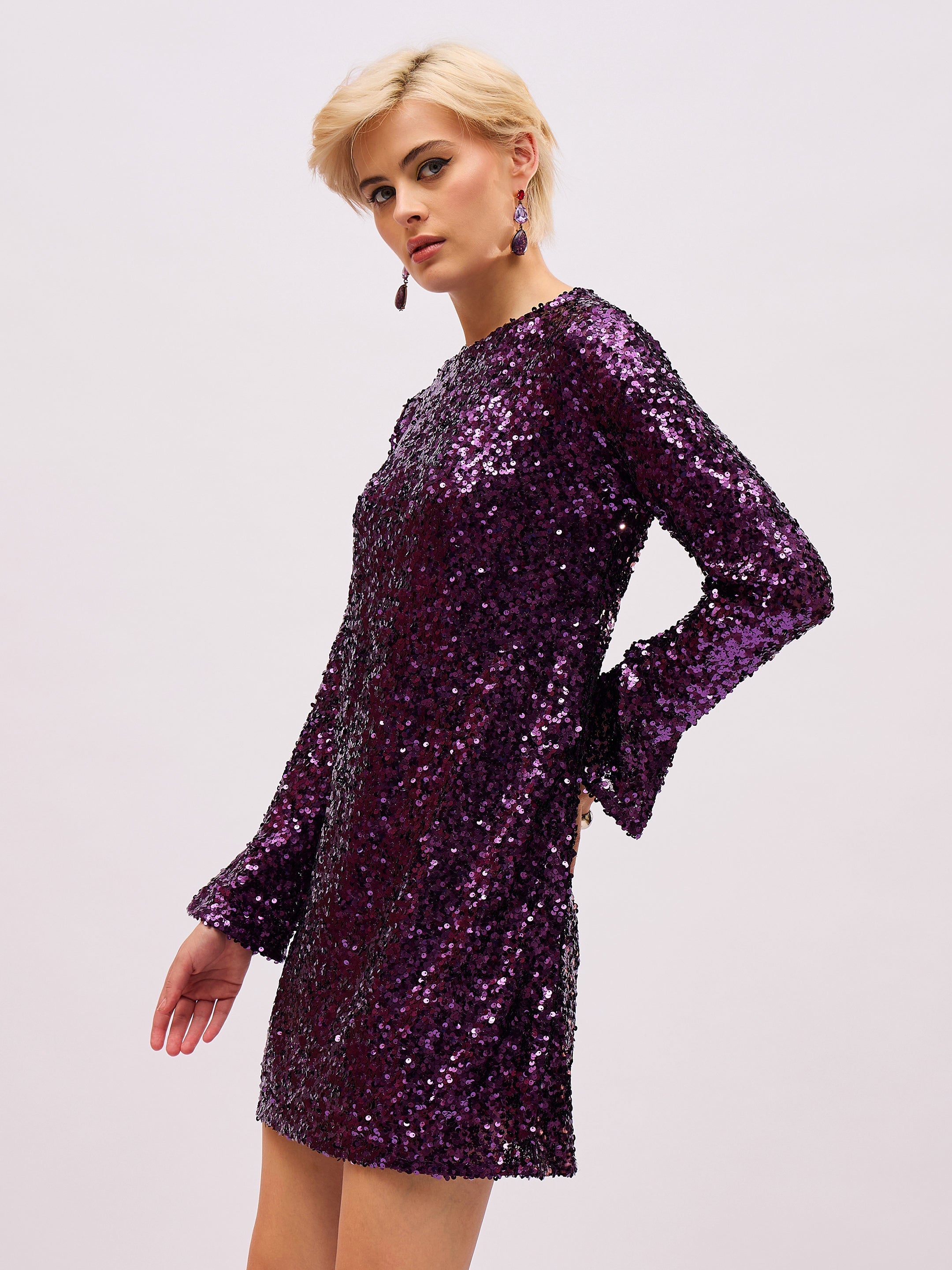 Women Purple Sequin Back Cut-Out Short Dress-SFDRSS13396