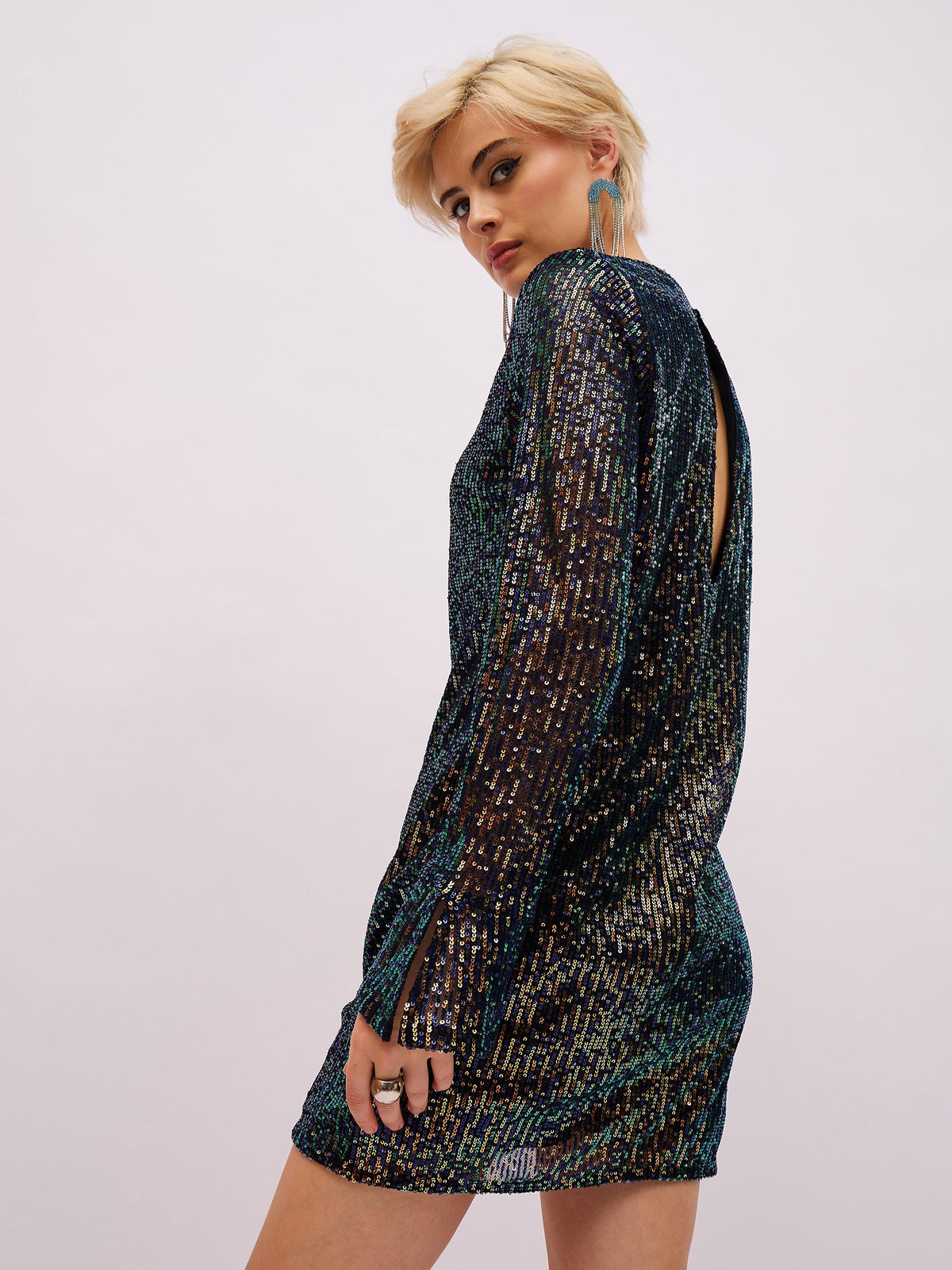 Women Blue Sequin Back Cut-Out Short Dress-SFDRSS13397