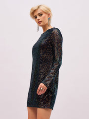 Women Blue Sequin Back Cut-Out Short Dress-SFDRSS13397