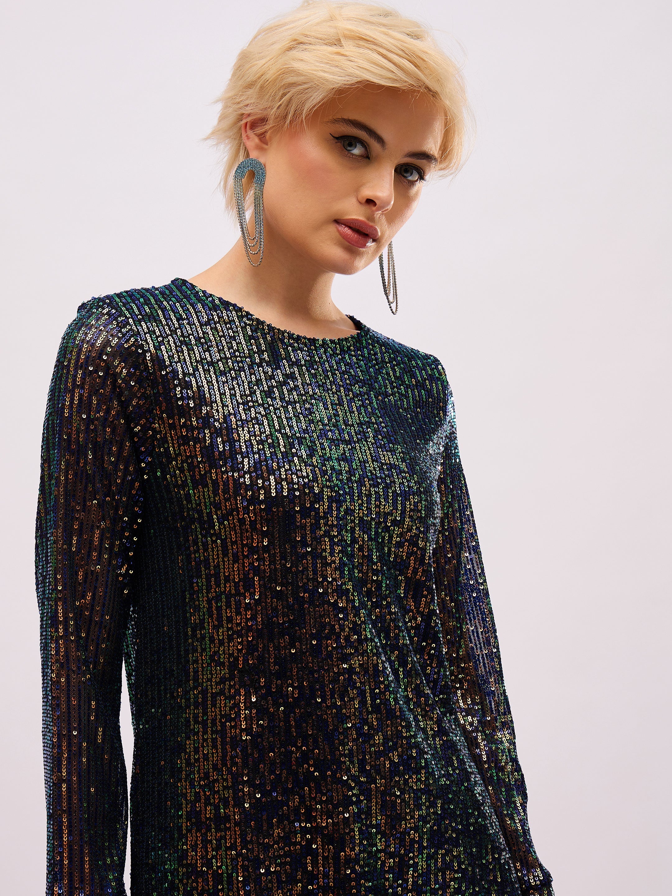 Women Blue Sequin Back Cut-Out Short Dress-SFDRSS13397