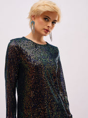 Women Blue Sequin Back Cut-Out Short Dress-SFDRSS13397
