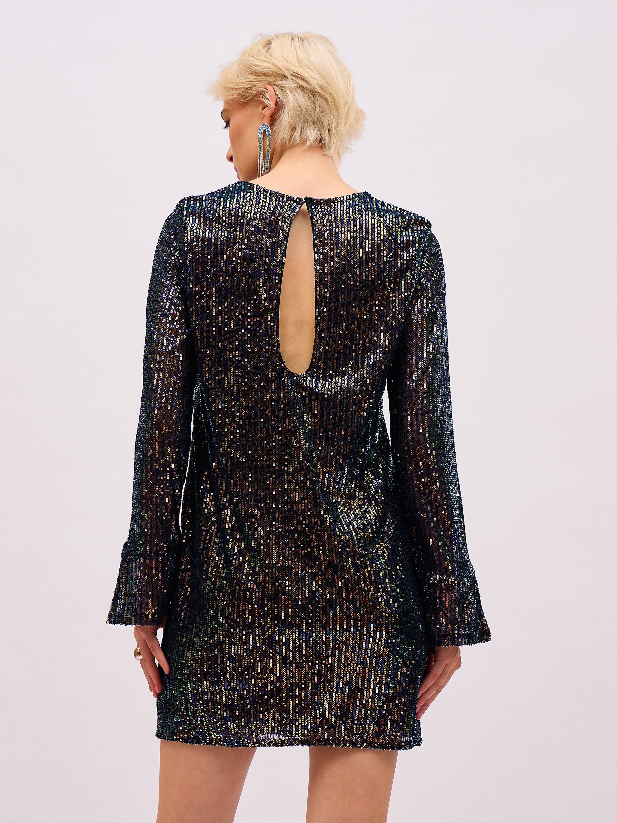 Women Blue Sequin Back Cut-Out Short Dress-SFDRSS13397