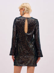 Women Blue Sequin Back Cut-Out Short Dress-SFDRSS13397
