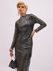 Women Black Sequin High Neck Back Slit Midi Dress-SFDRSS13398
