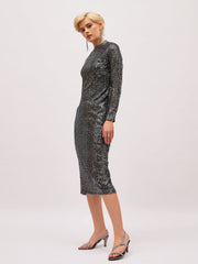 Women Black Sequin High Neck Back Slit Midi Dress-SFDRSS13398