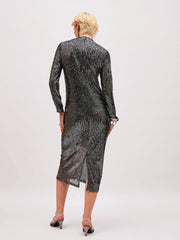 Women Black Sequin High Neck Back Slit Midi Dress-SFDRSS13398