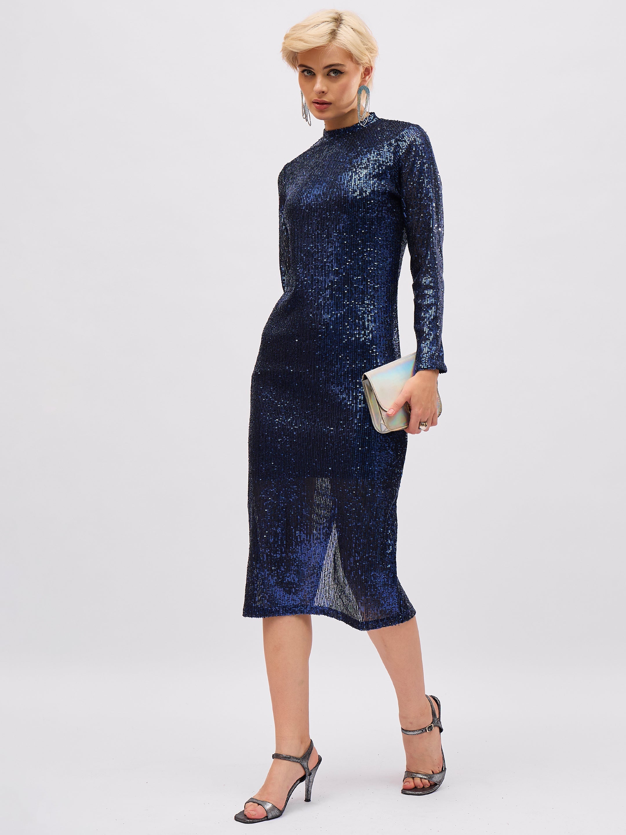 Women Navy Blue Sequin High Neck Midi Dress-SFDRSS13399