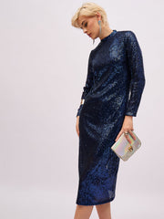 Women Navy Blue Sequin High Neck Midi Dress-SFDRSS13399