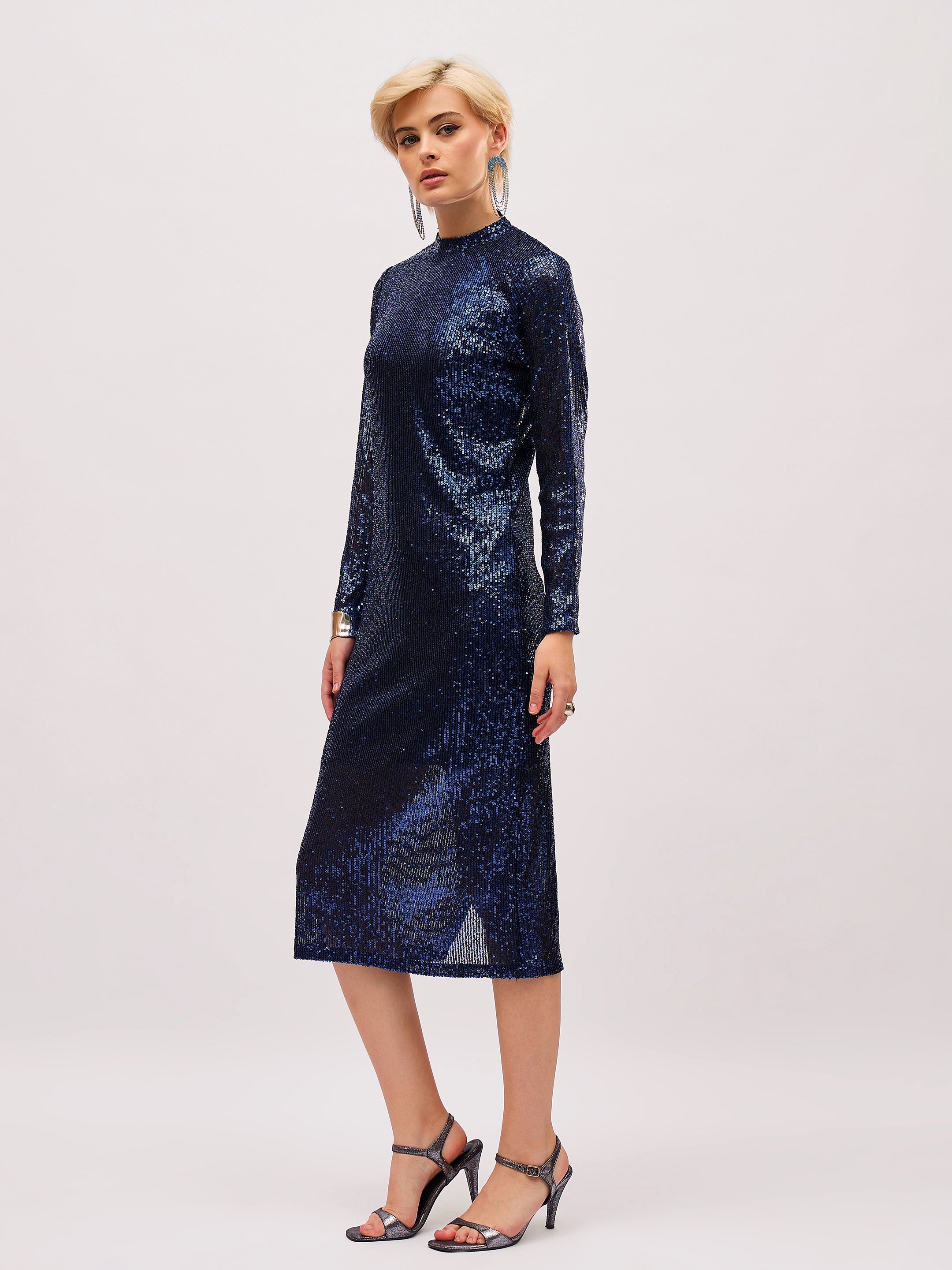 Women Navy Blue Sequin High Neck Midi Dress-SFDRSS13399