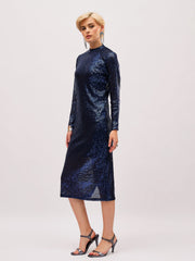 Women Navy Blue Sequin High Neck Midi Dress-SFDRSS13399