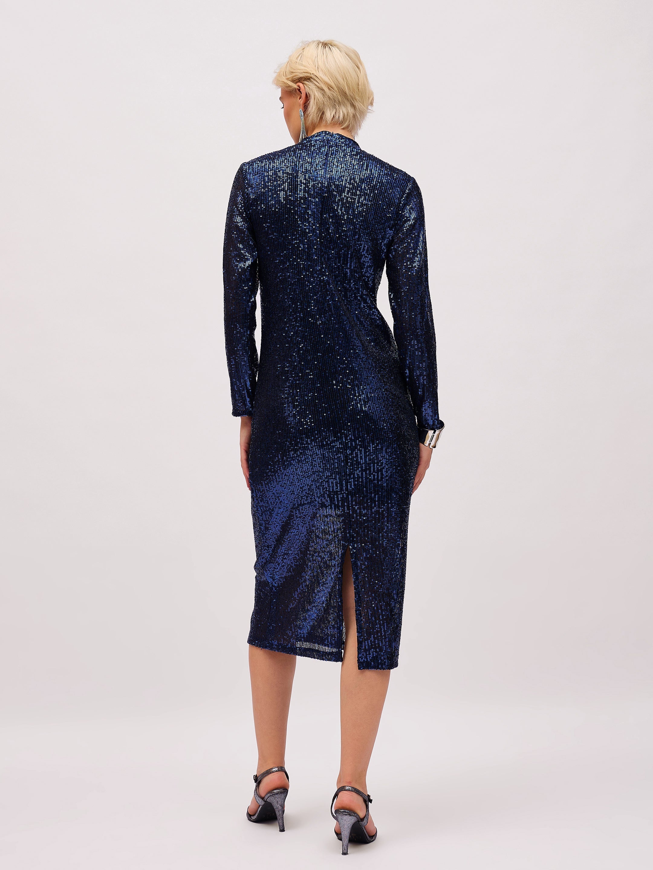 Women Navy Blue Sequin High Neck Midi Dress-SFDRSS13399