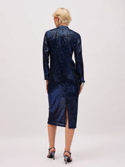 Women Navy Blue Sequin High Neck Midi Dress-SFDRSS13399
