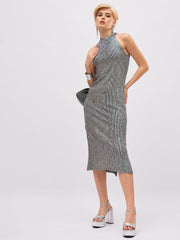 Women Black Multi color Sequin Halter Neck Midi Dress-SFDRSS13400
