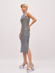 Women Black Multi color Sequin Halter Neck Midi Dress-SFDRSS13400