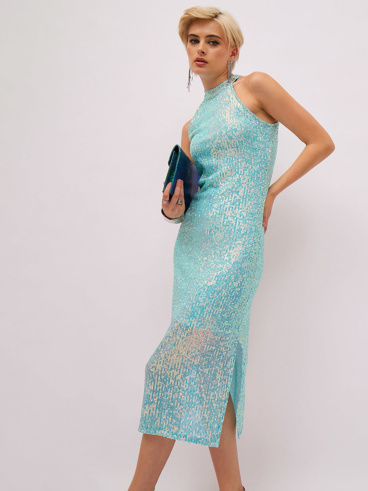 Women See Green Sequin Halter Neck Midi Dress-SFDRSS13401