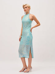 Women See Green Sequin Halter Neck Midi Dress-SFDRSS13401