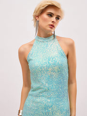 Women See Green Sequin Halter Neck Midi Dress-SFDRSS13401